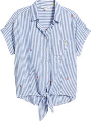 beachlunchlounge Rosie Embroidered Tie Front Short Sleeve Button-Up Shirt