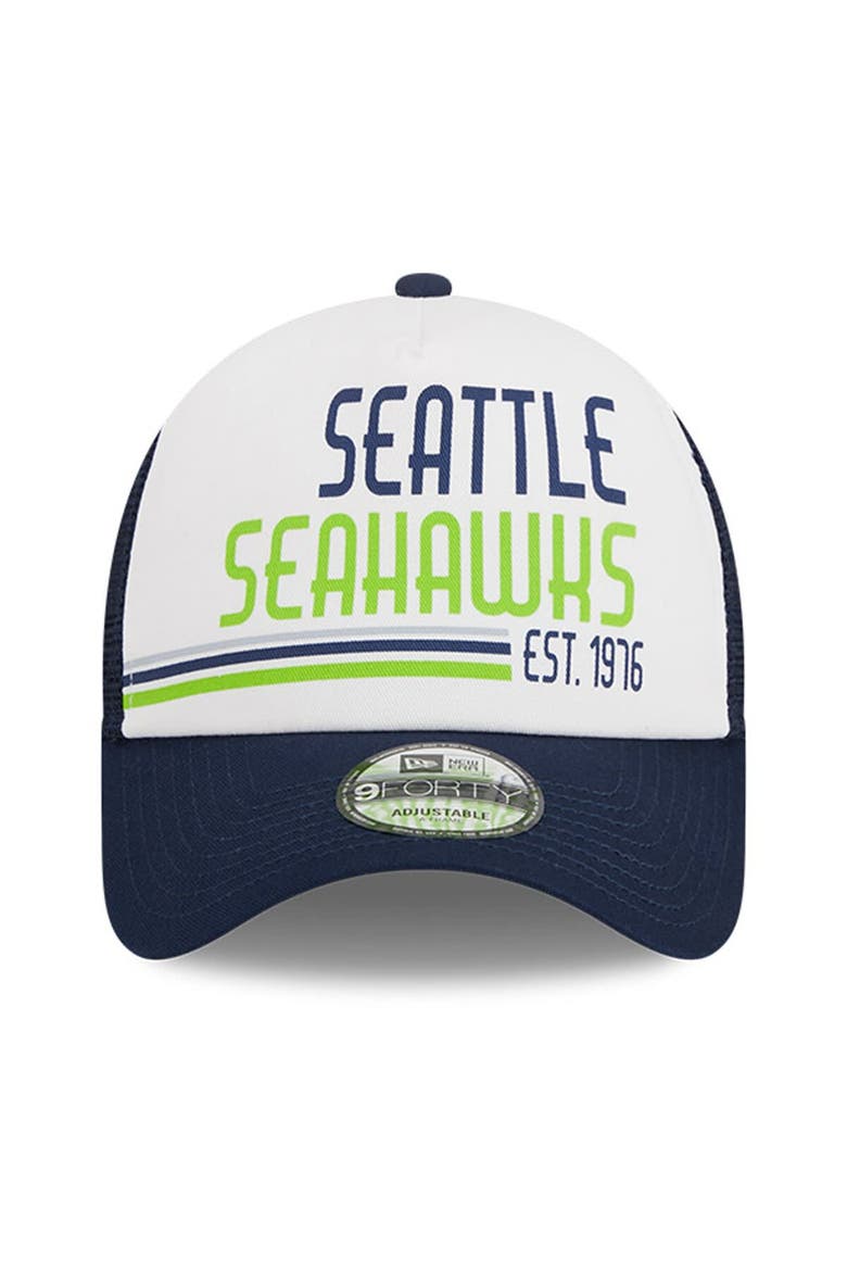 Men's New Era White/College Navy Seattle Seahawks Stacked A-Frame Trucker 9FORTY Adjustable Hat, Alternate, color, White