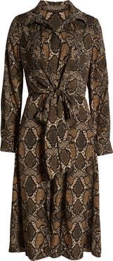 KOBI HALPERIN Snakeskin Print Front Tie Long Sleeve Shirtdress