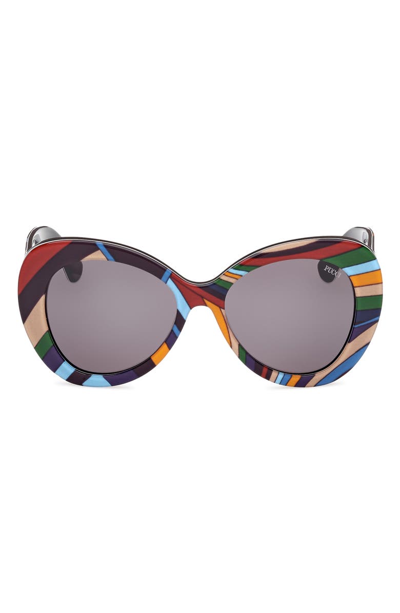 Emilio Pucci 56mm Round Sunglasses, Main, color, Shiny Black Pattern / Smoke