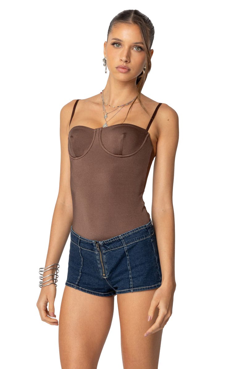 EDIKTED Laurel Bustier Bodysuit, Alternate, color, Brown