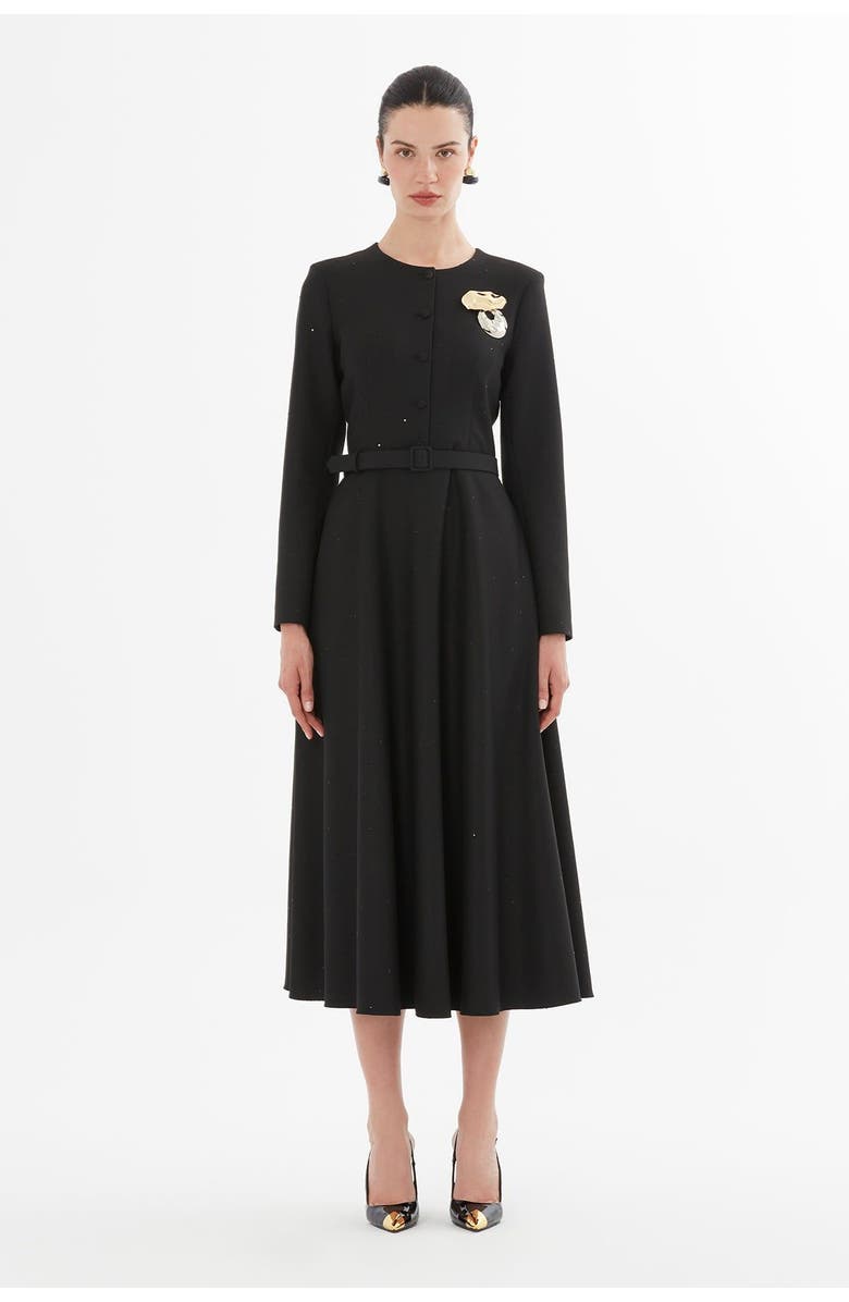 Gizia Buttoned Midi Dress with Brooch, Main, color, Black