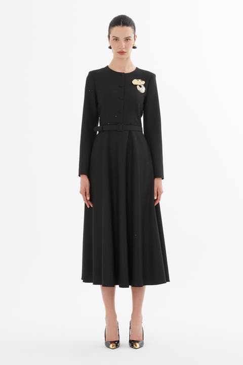 Buttoned Midi Dress with Brooch