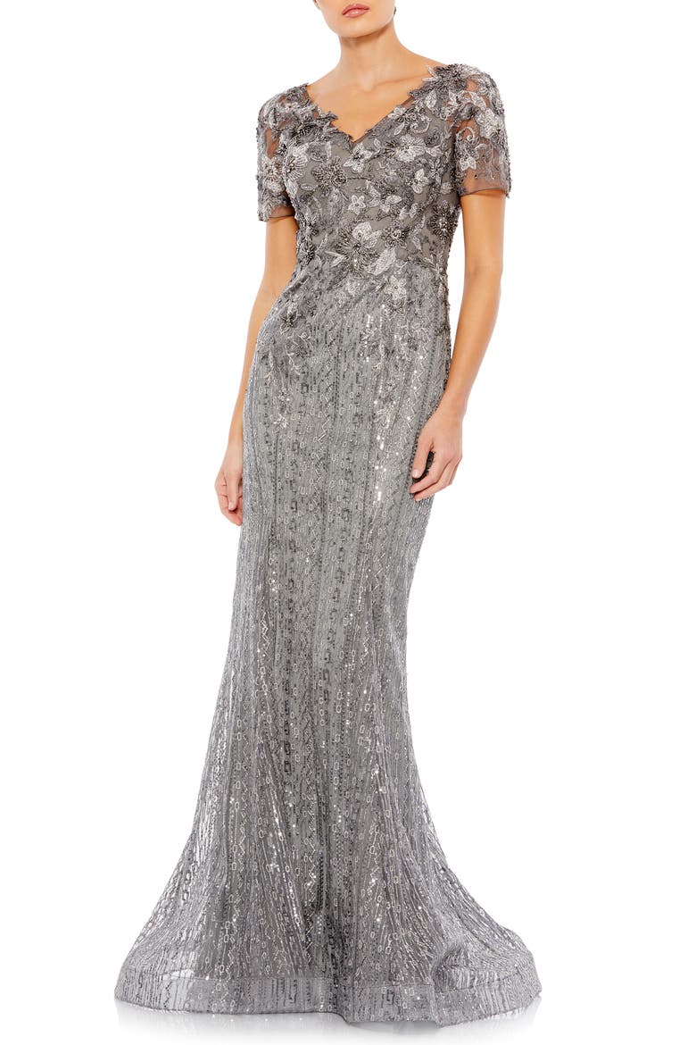 Embellished V Neck Cap Sleeve Trumpet Gown, Main, color, DARK GRAY