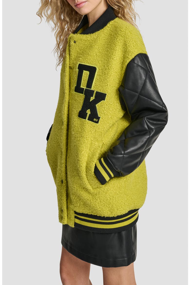 Logo Bouclé & Faux Leather Varsity Jacket, Alternate, color, CITRONELLA
