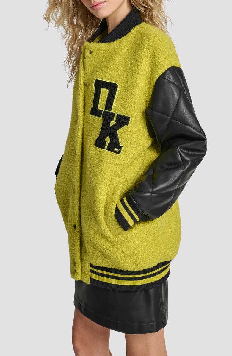 DKNY Logo Bouclé & Faux Leather Varsity Jacket, Alternate, color, Citronella