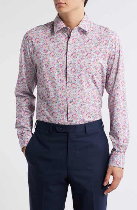 Garden Floral Print Knit Cotton Blend Dress Shirt