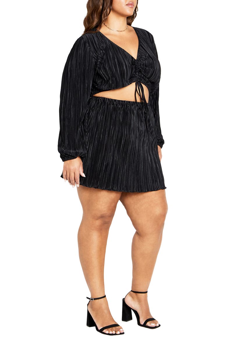 Hailee Plissé Cutout Long Sleeve Minidress, Alternate, color, BLACK