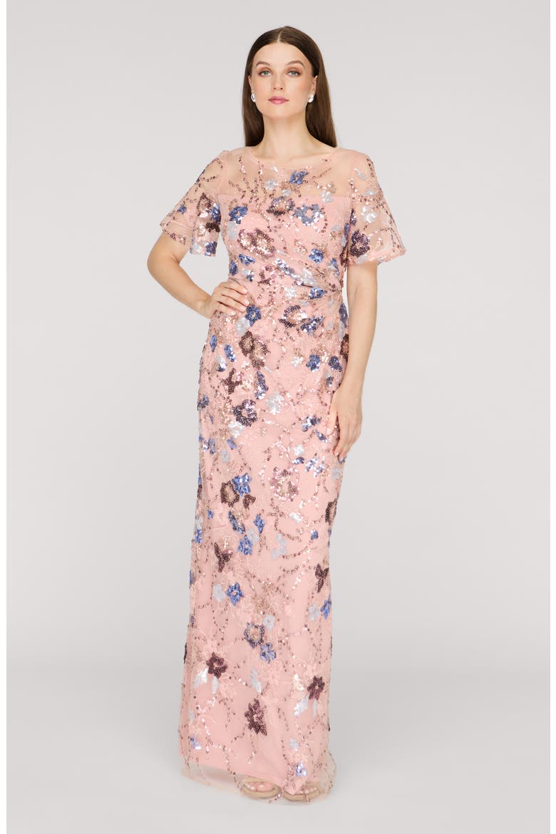 Alisa Sequin Embellished Short Sleeve Column Gown, Alternate, color, ROSE GOLD