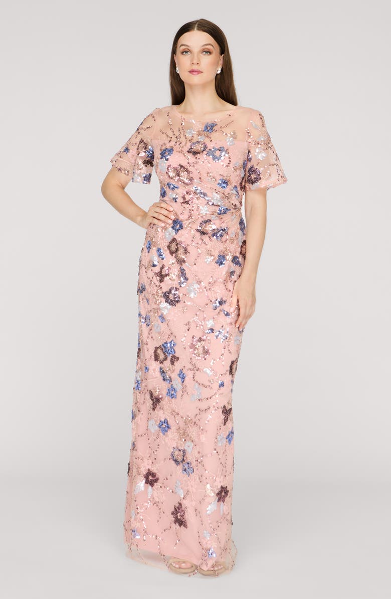 JS Collections Alisa Sequin Embellished Short Sleeve Column Gown, Alternate, color, Rose Gold