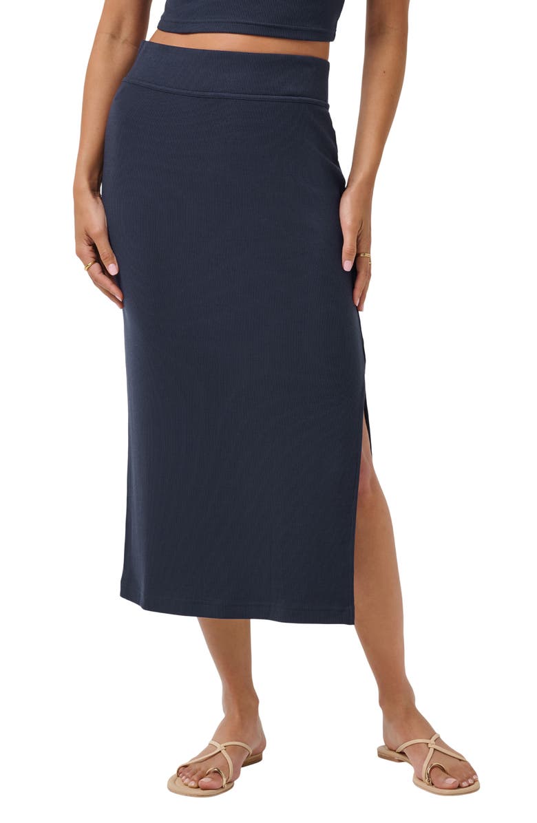 TravisMathew Cloud Rib Midi Skirt, Main, color, Navy Blazer