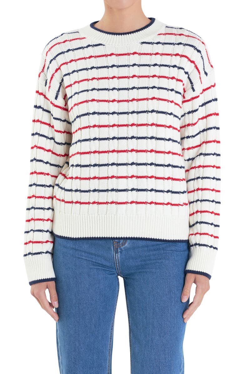 English Factory Stripe Cable Stitch Sweater, Alternate, color, Off White