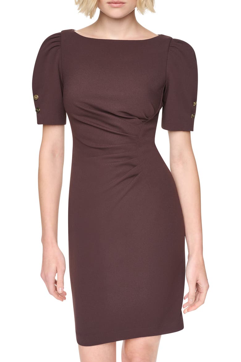 Ruched Puff Short Sleeve Sheath Dress, Alternate, color, CHOCOLATE