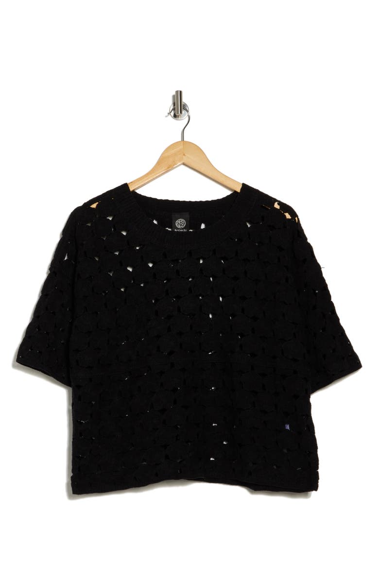 Bobeau Floral Crochet Short Sleeve Top, Alternate, color, Black