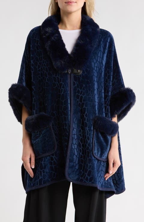 Front Pocket Faux Fur Trim Cape