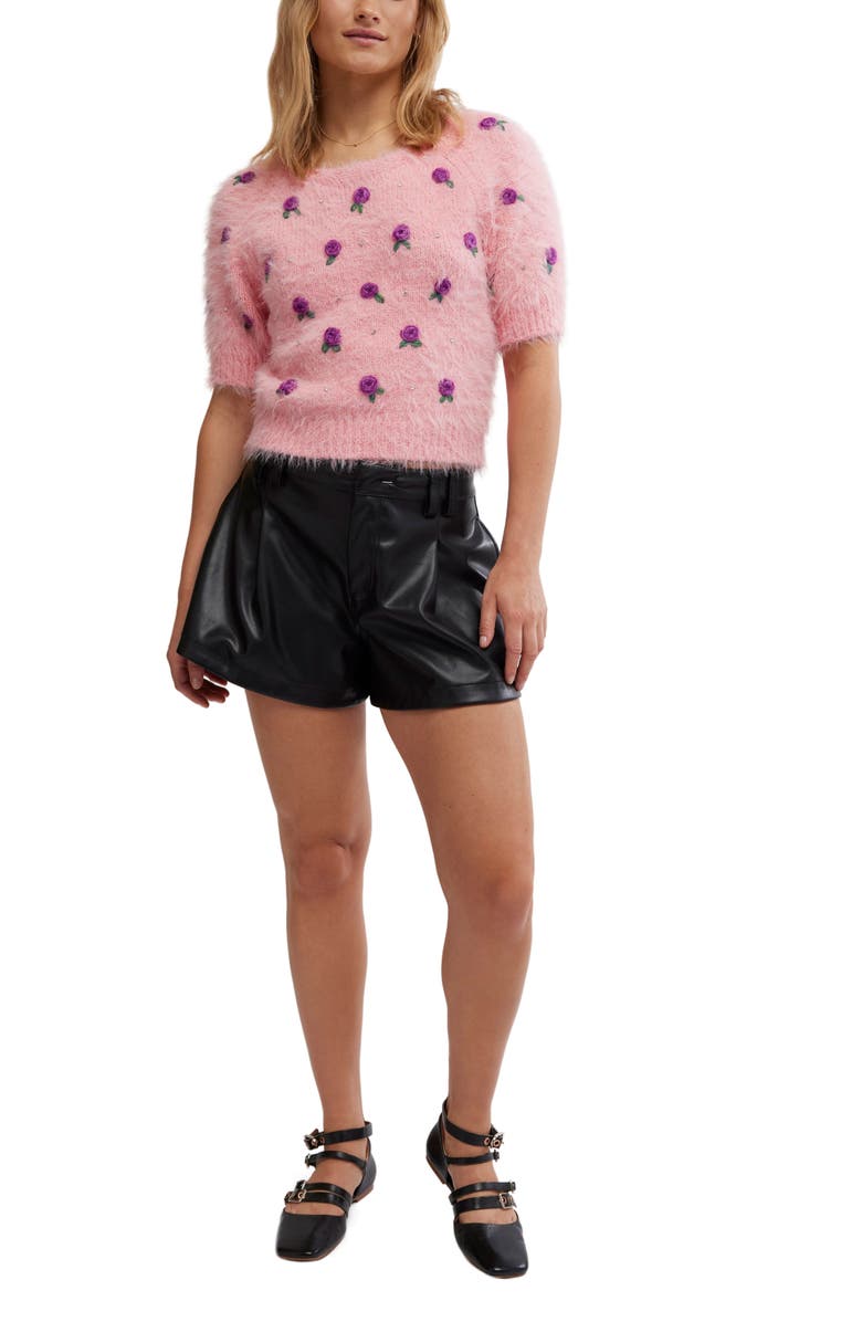 Free People Winter Blooms Appliqué Short Sleeve Sweater, Alternate, color, Quartz Pink Combo