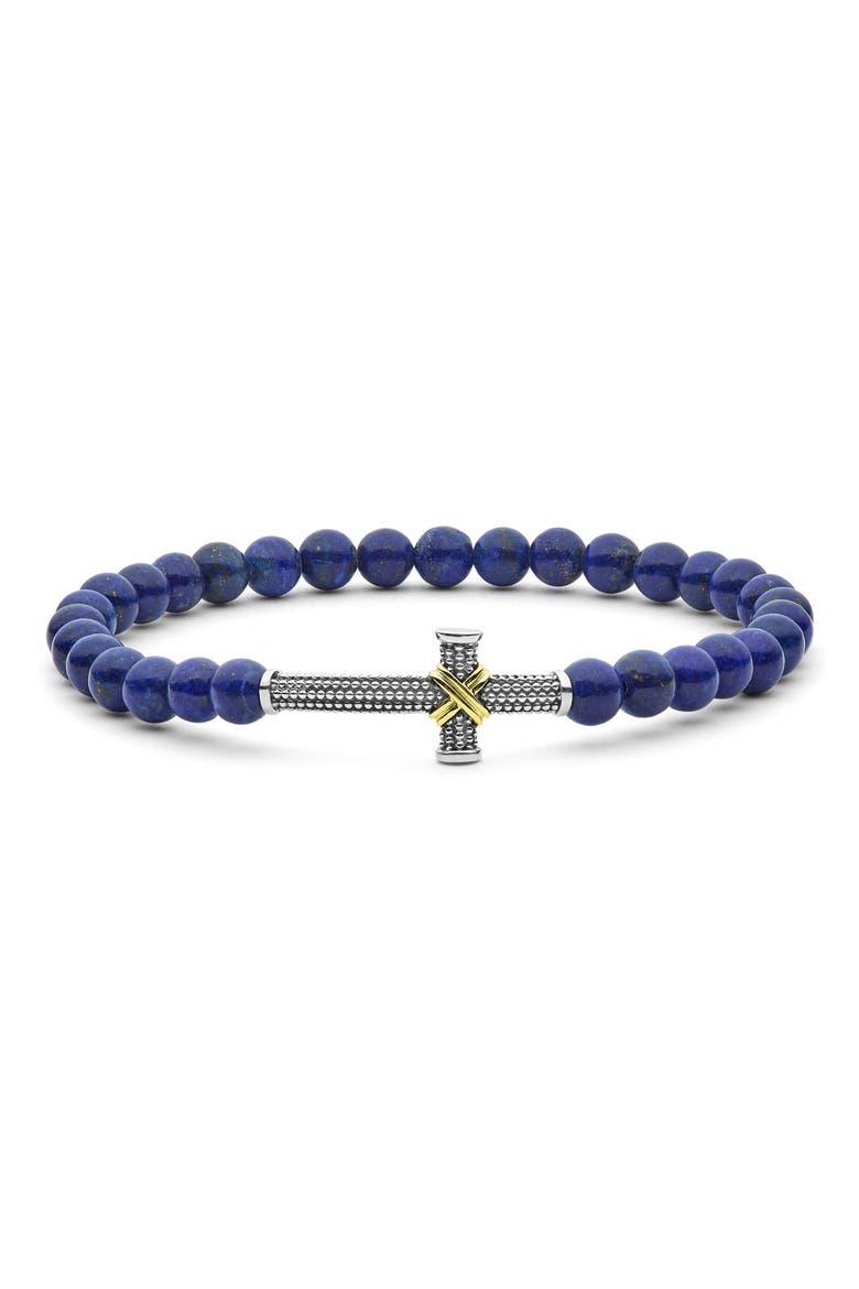 Men's Anthem Cross Lapis Beaded Stretch Bracelet, Main, color, SILVER