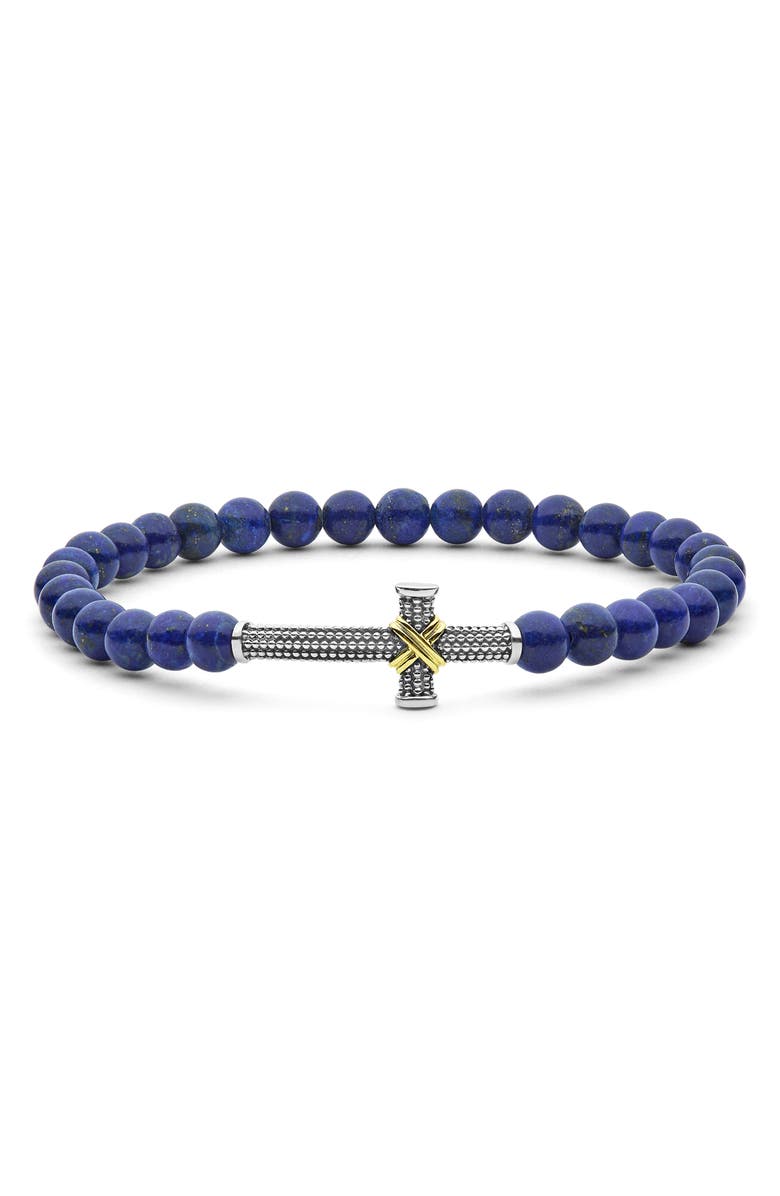 LAGOS Men's Anthem Cross Lapis Beaded Stretch Bracelet, Main, color, Silver
