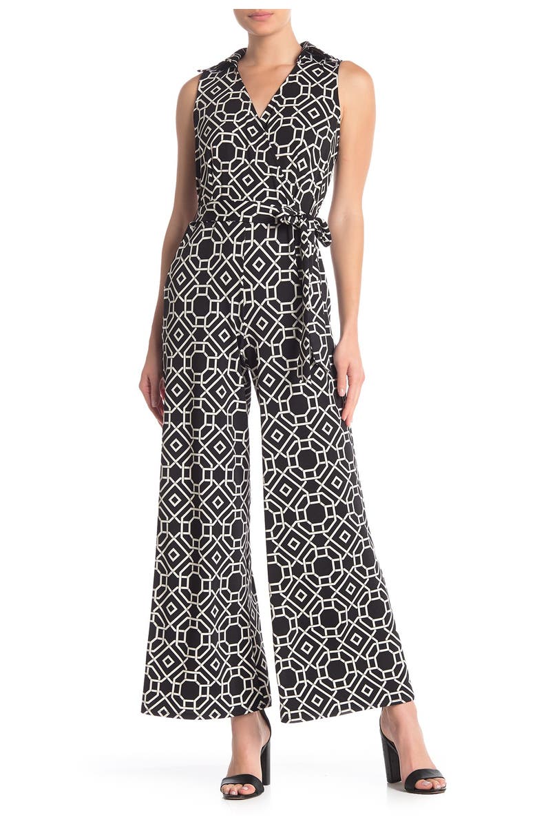 Nina Leonard Sleeveless Faux Wrap Jumpsuit, Main, color, Black/ White