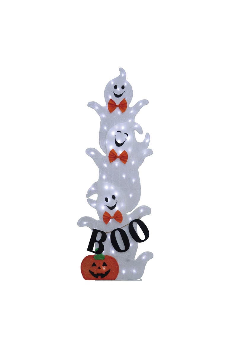 3.6 Ft Stacking Ghosts in Bow Ties Halloween Decoration, Modern, Ground Freestanding, Outdoor, Polyester, Cool White, Battery Operated, Prelit with 60 LED Bulbs, Main, color, White