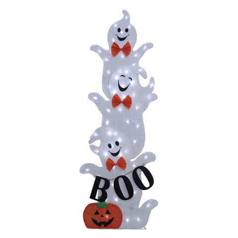 3.6 Ft Stacking Ghosts in Bow Ties Halloween Decoration, Modern, Ground Freestanding, Outdoor, Polyester, Cool White, Battery Operated, Prelit with 60 LED Bulbs