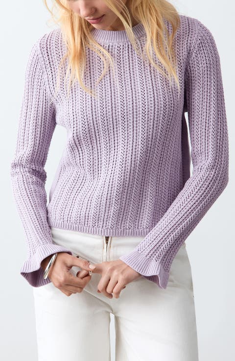 Open Stitch Ruffle Cuff Cotton Sweater