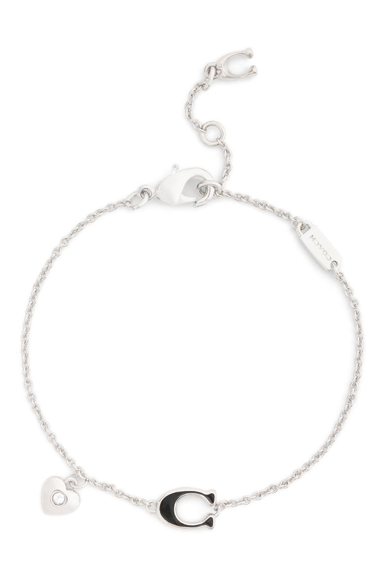 Signature C Heart Charm Bracelet, Main, color, BLACK/ RHODIUM