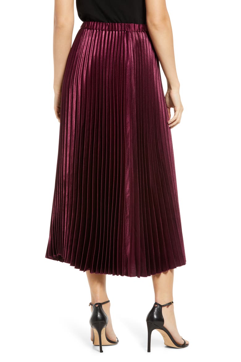 Pleated Satin Midi Skirt, Alternate, color, MERLOT