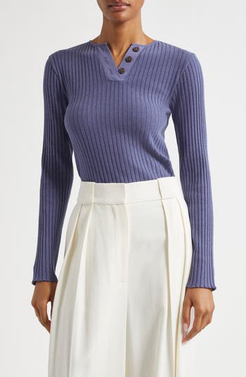 Cotton Blend Rib Henley Sweater