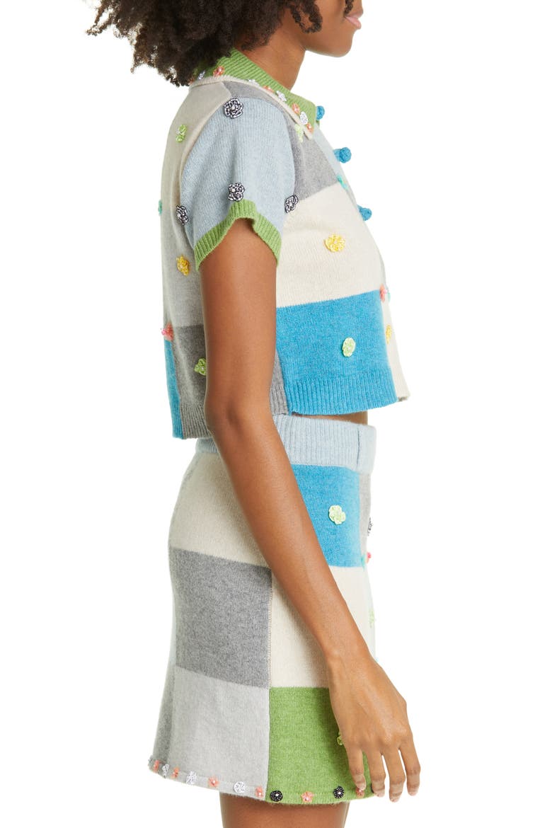 Floral Appliqué Checkerboard Lambswool Sweater, Alternate, color, BLUE/ GREEN