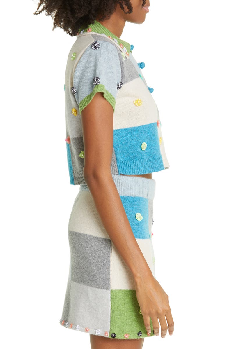 YanYan Floral Appliqué Checkerboard Lambswool Sweater, Alternate, color, 