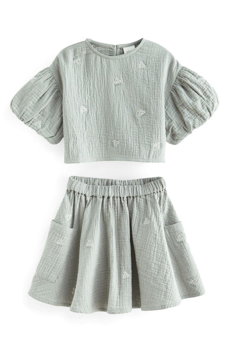 NEXT Kids' Double Cloth Puff Sleeve Top & Skirt Set, Main, color, 