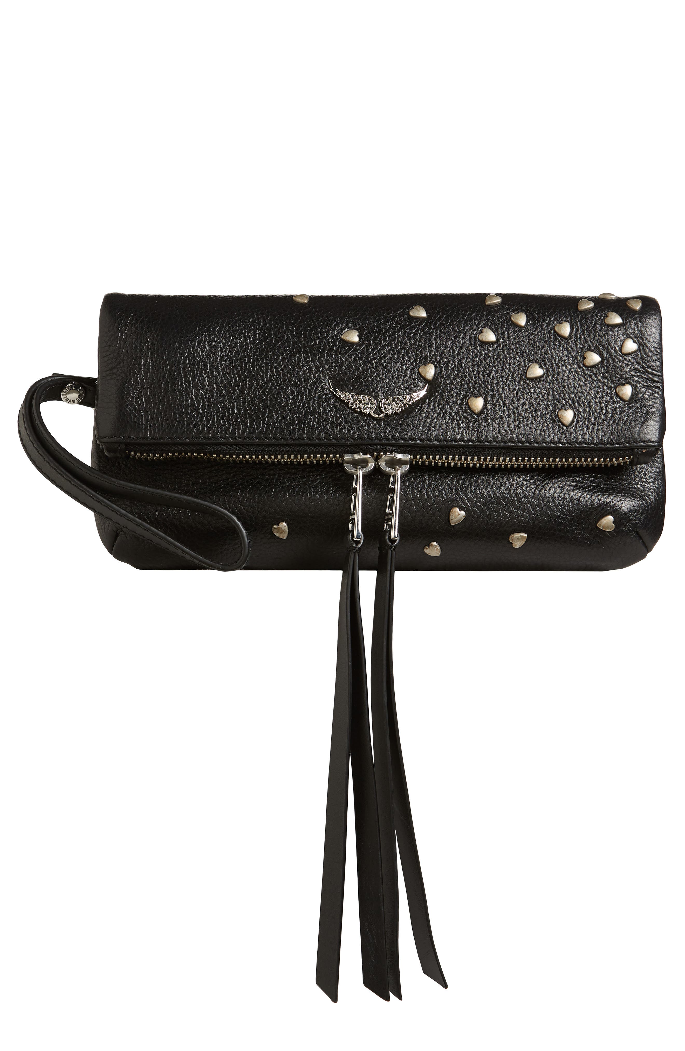 Zadig & Voltaire Rocky Heart Stud Leather Clutch, Main, color, 