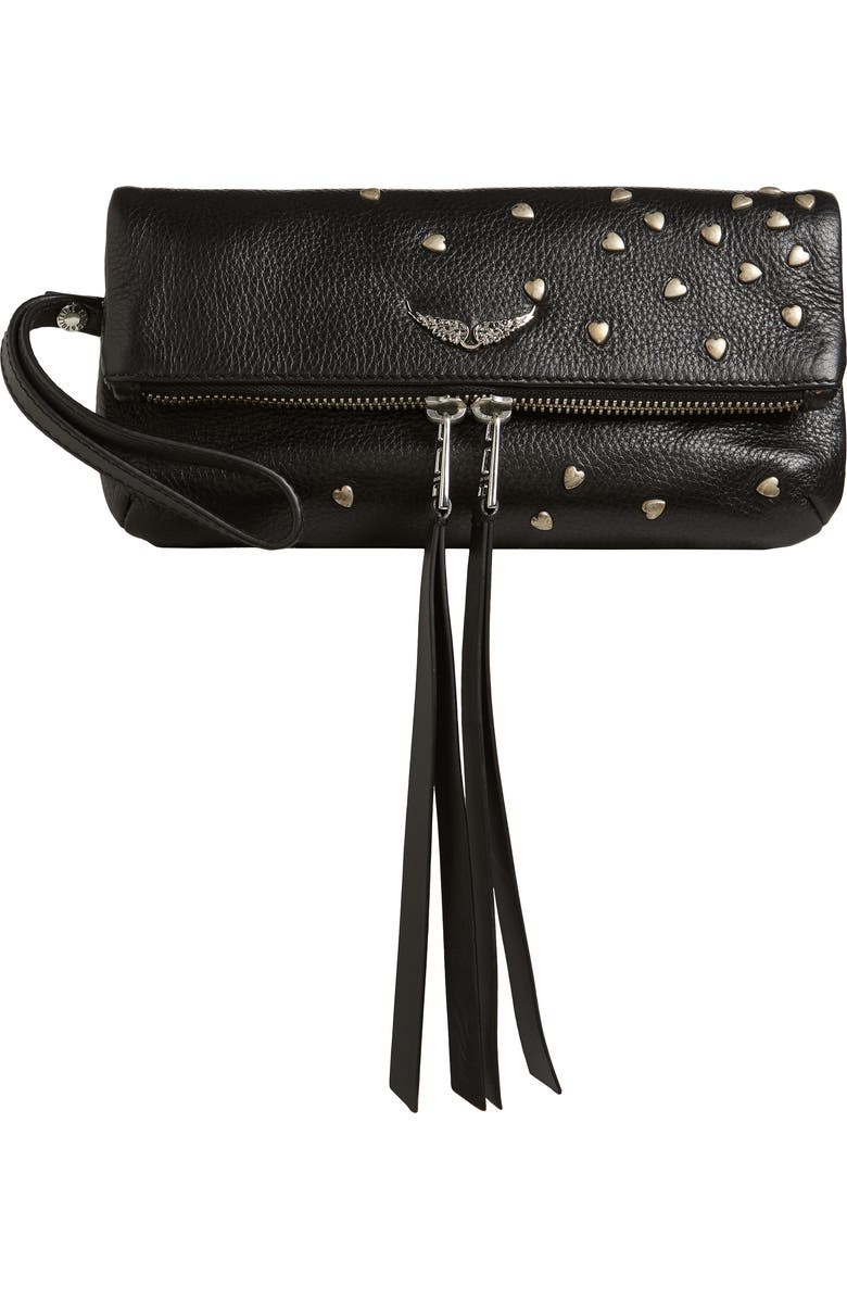 Zadig & Voltaire Rocky Heart Stud Leather Clutch, Main, color,