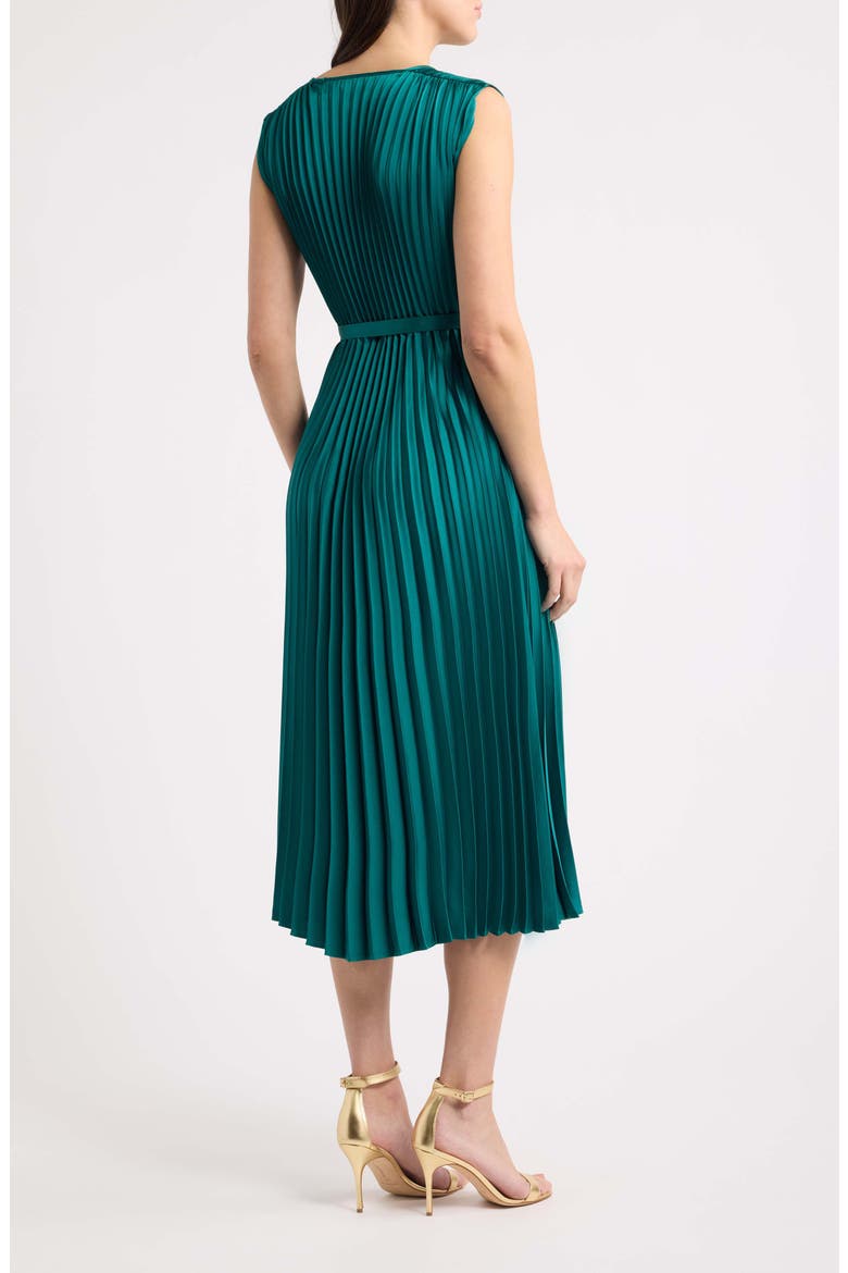 Sunburst Pleated Satin Midi Dress, Alternate, color, DEEP JADE