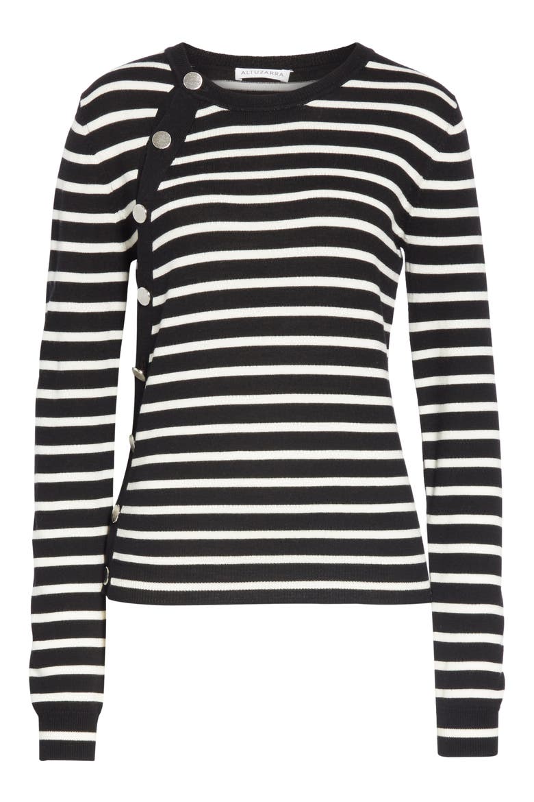 Stripe Button Side Wool Sweater, Alternate, color, BLACK / IVORY