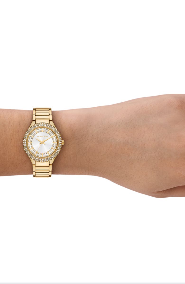 Michael Kors Sylvia Crystal Three Hand Bracelet Watch, 33mm, Alternate, color, Gold