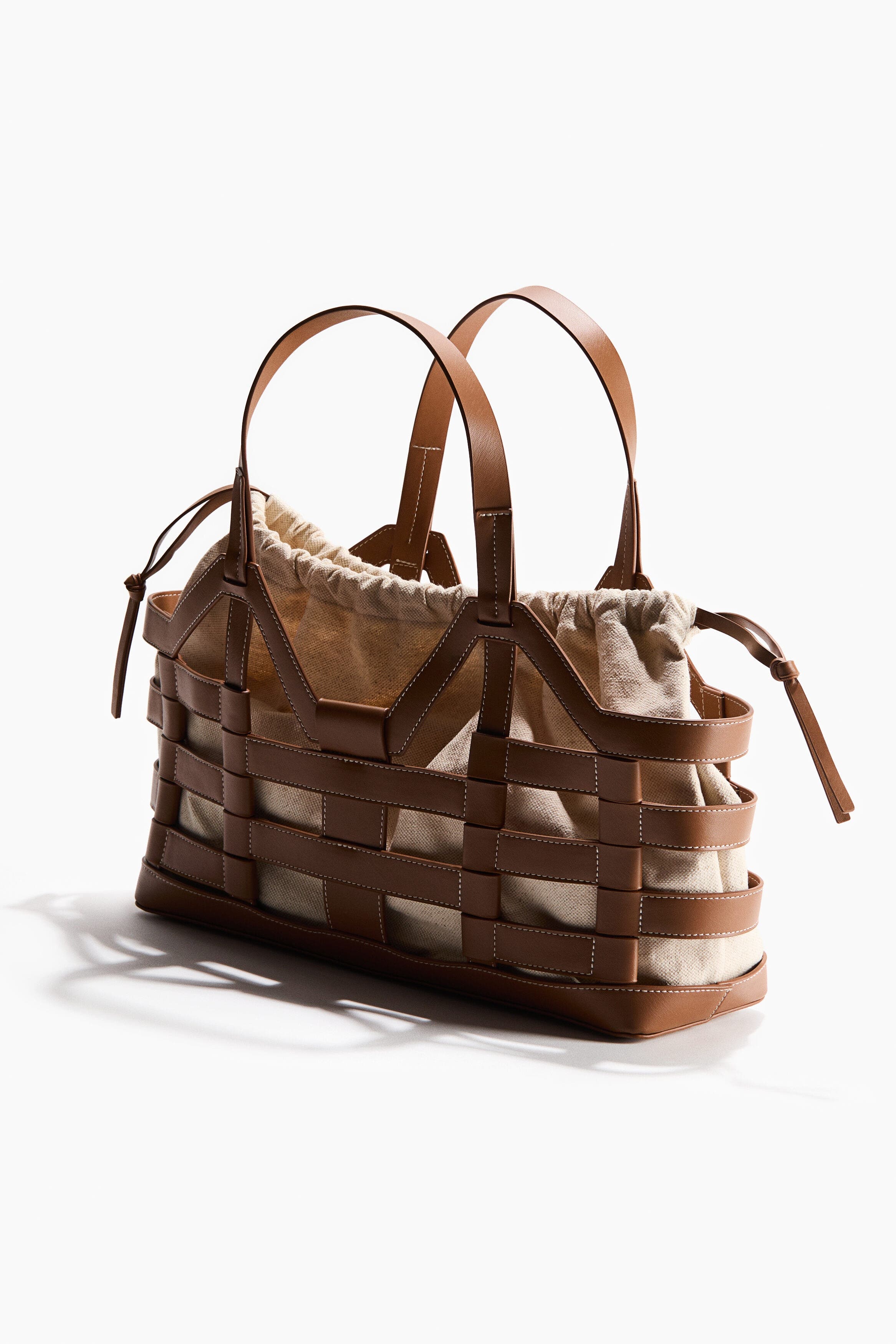 H&M Large drawstring-detail tote bag, Alternate, color, Brown/Light Beige