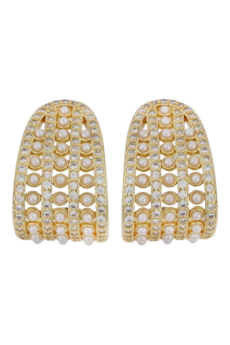 Faux Pearl & Crystal Hoop Earrings, Main, color, GOLD