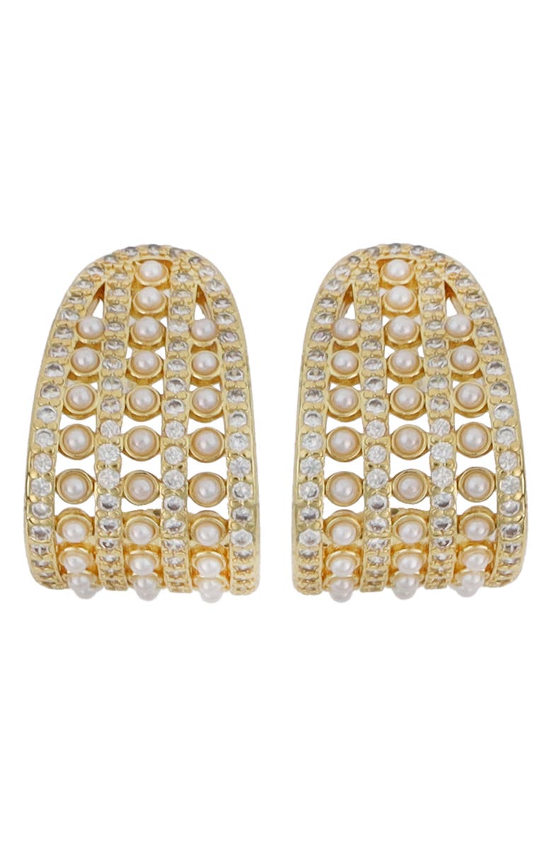 Panacea Faux Pearl & Crystal Hoop Earrings, Main, color, Gold