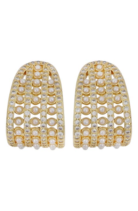 Faux Pearl & Crystal Hoop Earrings