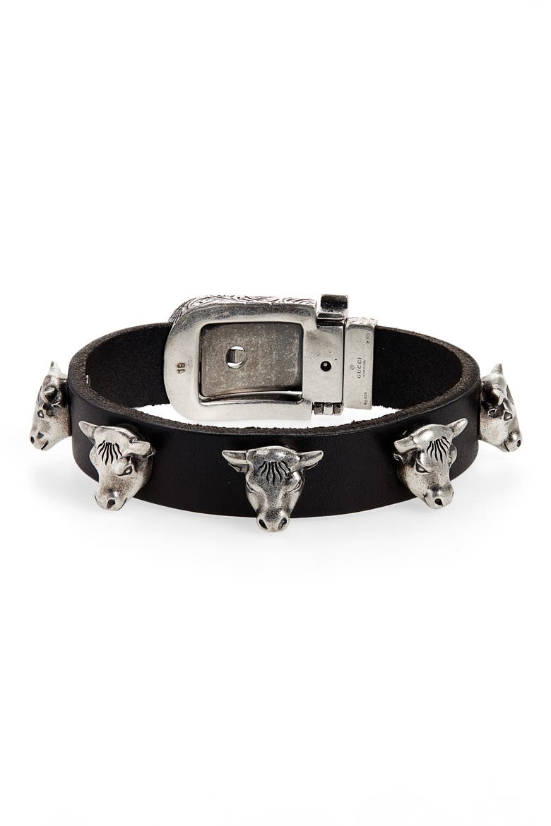 Sterling Silver Stud Leather Bracelet, Main, color, BLACK