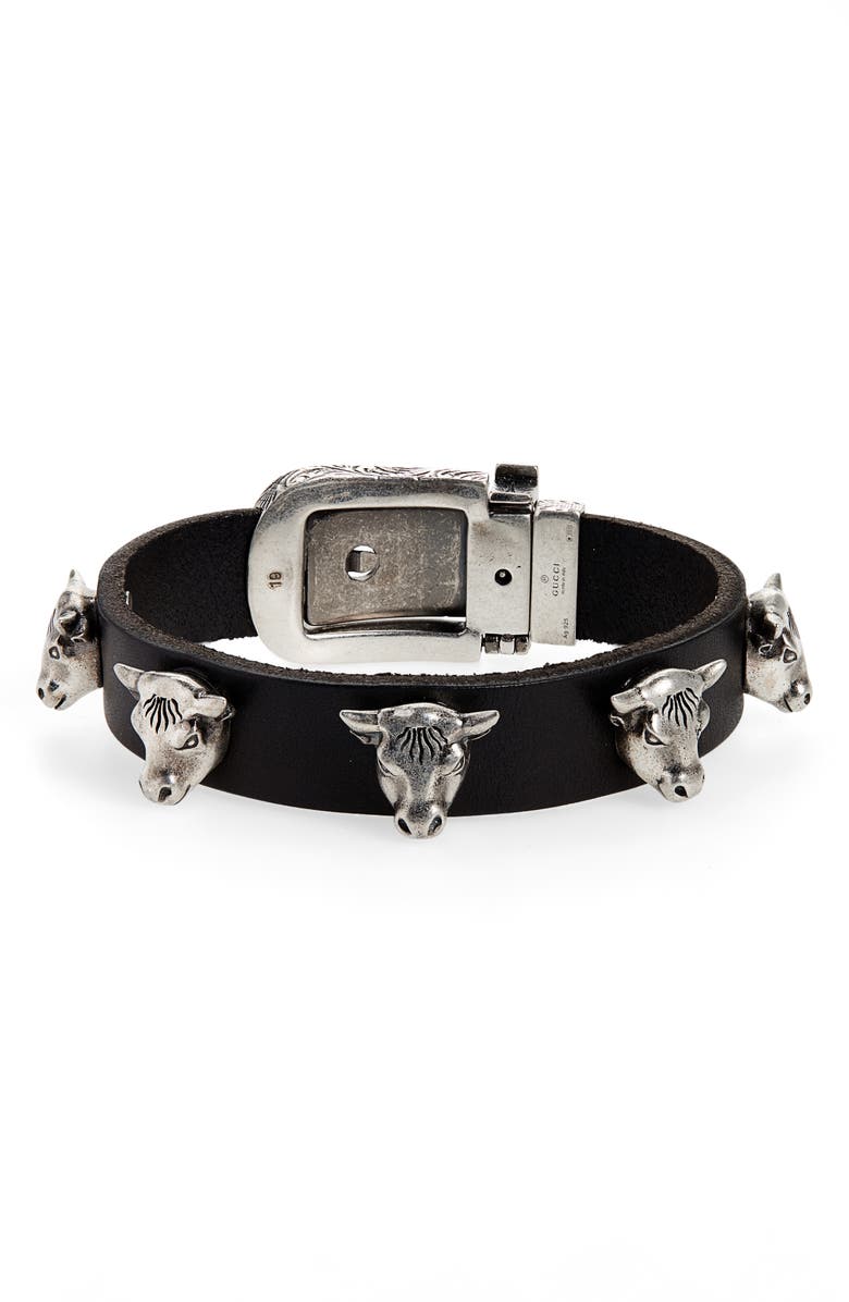 Gucci Sterling Silver Stud Leather Bracelet, Main, color,