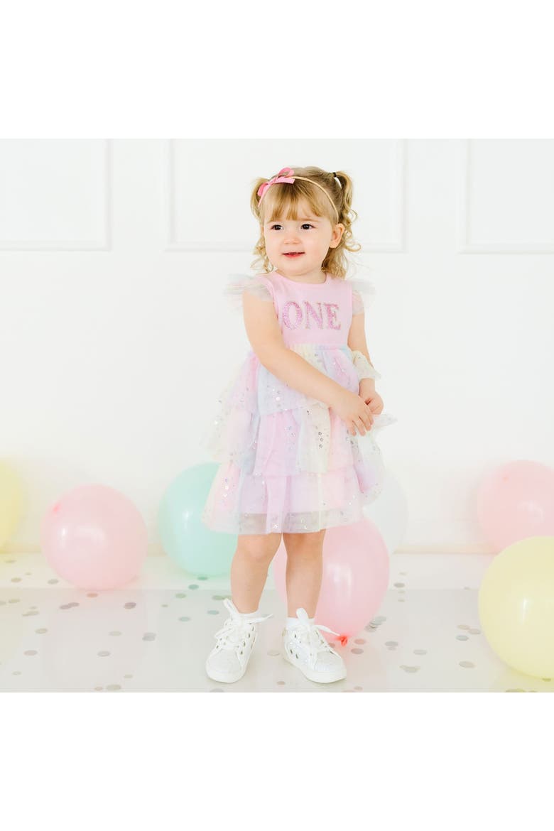 First Birthday Girl Fairy Dust Short Sleeve Tutu Dress, Alternate, color, Soft Pink