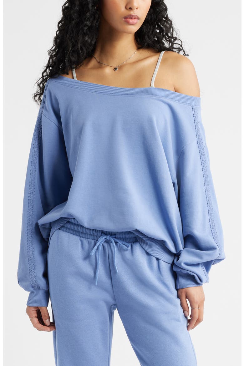 Lace Trim Off the Shoulder Cotton Blend Sweatshirt, Main, color, BLUE FROST