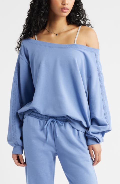 Lace Trim Off the Shoulder Cotton Blend Sweatshirt