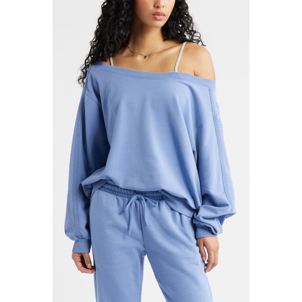 Bp. Lace Trim Off The Shoulder Cotton Blend Sweatshirt In Blue
