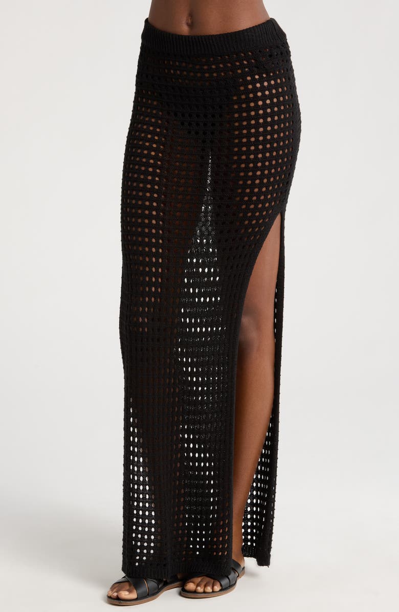 Elan Open Stitch Cover-Up Midi Skirt, Alternate, color, Black