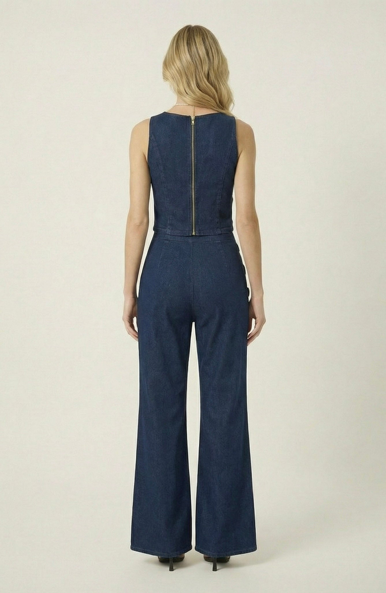 Modenaire Denim Vest and Wide Leg Pants Set, Alternate, color, Dark Indigo Blue