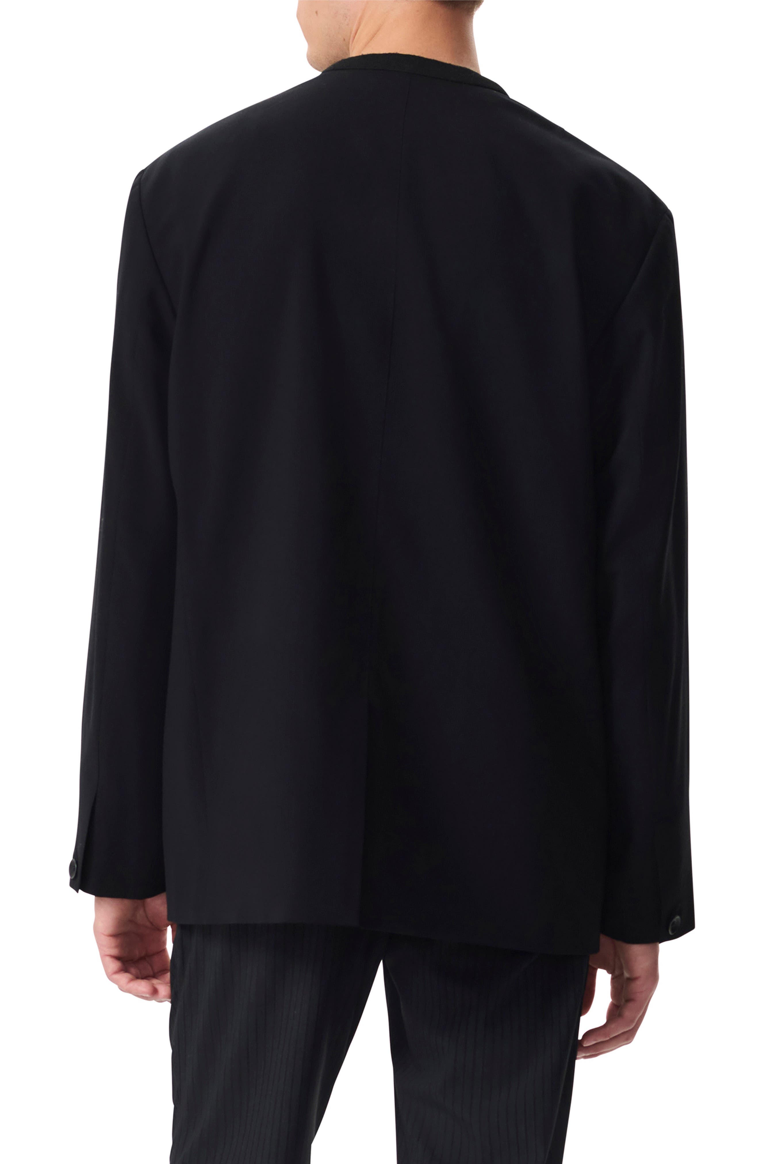 Slim Fit Collarless Black Wool Blend Ripstop Sport Coat - image 2